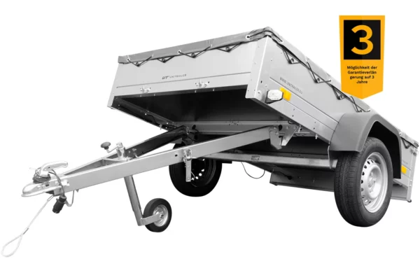 Reboque para automóveis Garden Trailer 201 KIPP 200×125 cm 750 kg [com lona plana, roda de apoio e suporte de lona]-Novo