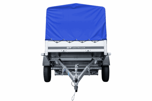 Reboque automóvel 230×125 Garden Trailer 230 KIPP Unitrailer 750 kg com roda de apoio, lona azul alta e arcos altos-Novo