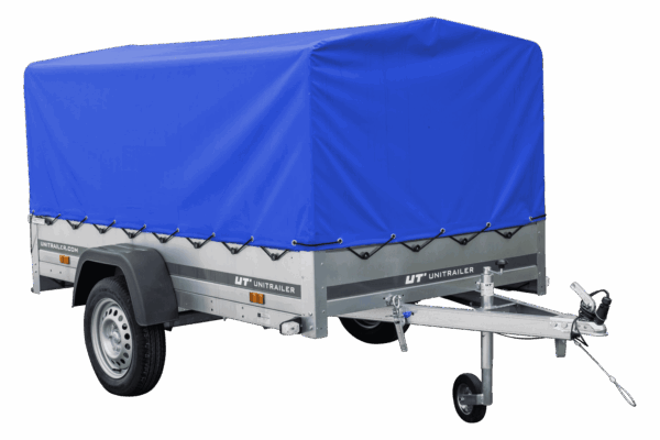 Reboque automóvel 230×125 Garden Trailer 230 KIPP Unitrailer 750 kg com roda de apoio, lona azul alta e arcos altos-Novo