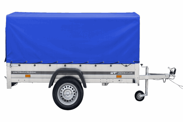 Reboque automóvel 230×125 Garden Trailer 230 KIPP Unitrailer 750 kg com roda de apoio, lona azul alta e arcos altos-Novo