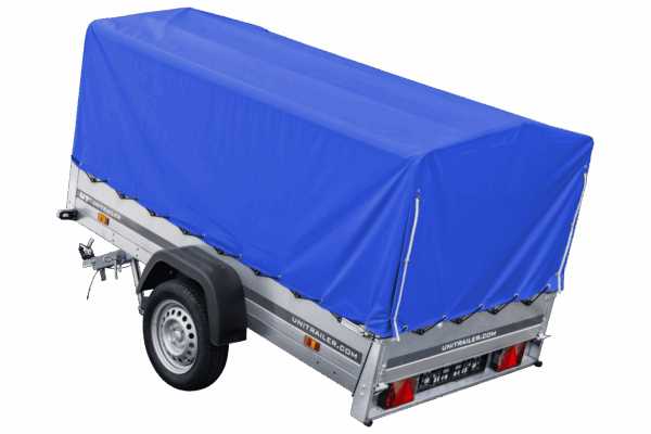Reboque automóvel 230×125 Garden Trailer 230 KIPP Unitrailer 750 kg com roda de apoio, lona azul alta e arcos altos-Novo