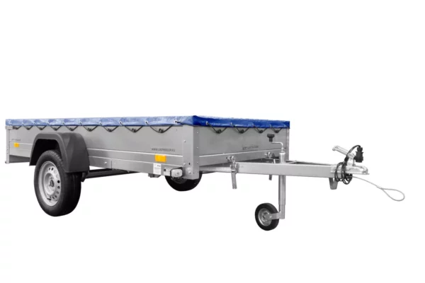 Reboque de eixo único Garden Trailer 264 KIPP com roda de apoio, travessas e lona plana azul-Novo